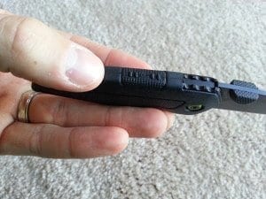 The release for the lockback is rubberized as well on the GDC Tech Skin Pocket Knife, and take a firm push to disengage.