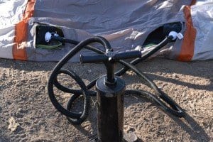 Two air nozzles are all it takes to set up the vestibule and the sleeping compartment on the Kelty Mach 4 Tent. I actually prefer pumping one at a time, but you can hook both up at once.